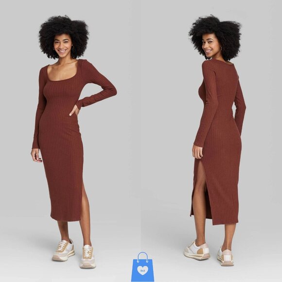 Large - Womens Long Sleeve Rib Knit Midi Dress - Wild Fable - Dark Brown - Picture 1 of 5